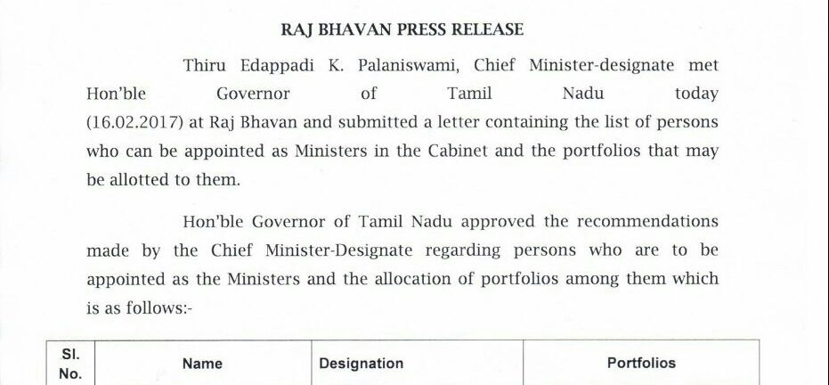 செங்கோட்டையன்-அமைச்சரவை பட்டியல் வெளியீடு